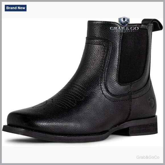Men's Leather Chelsea Cowboy Boots Square Toe Slip-On Ankle Western